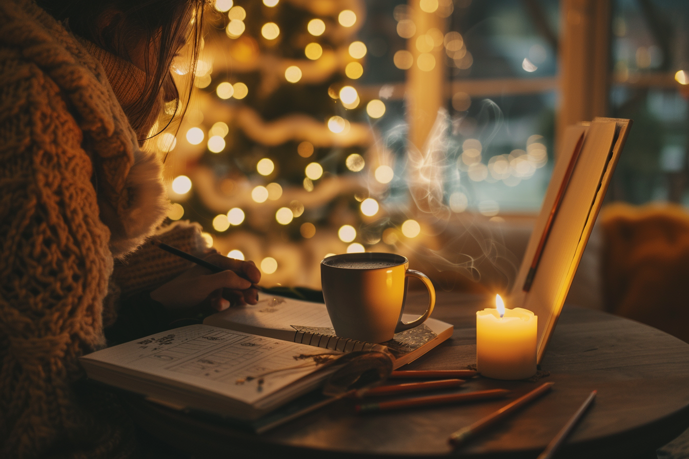 A cozy homeschool study space with holiday decor